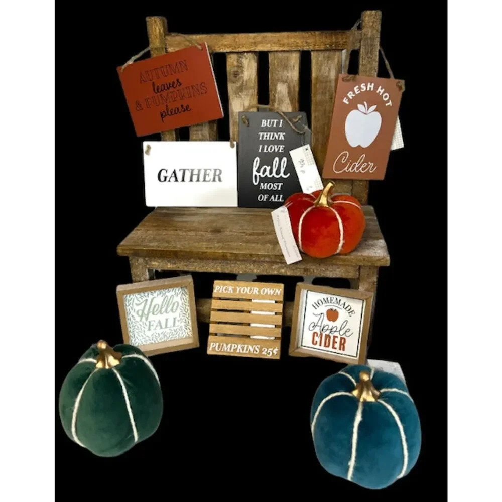 Fall Themed Decor For Tiered Trays & Displays Velvet Pumpkins Mini Signs Set/10